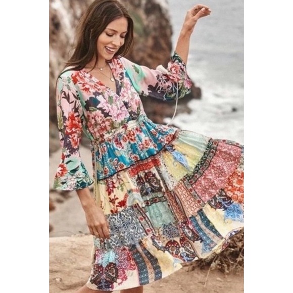 Johnny Was New Medium Gigi Patchwork Dress $398 Patchwork Bohemian Bell Sleeve - Picture 4 of 16